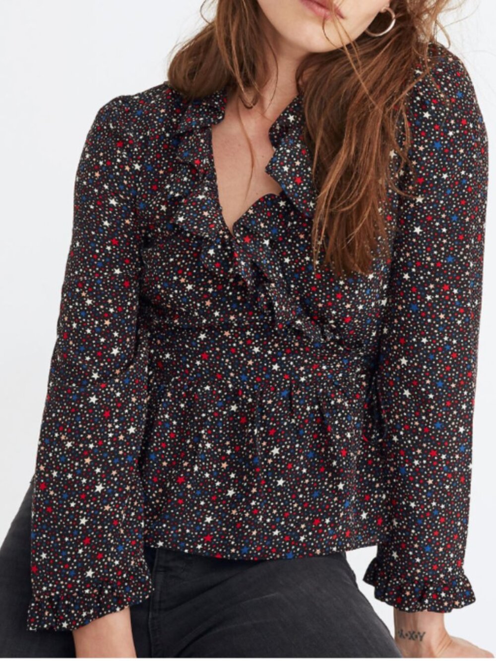 Madewell Starry Night Silk Ruffle Wrap Top